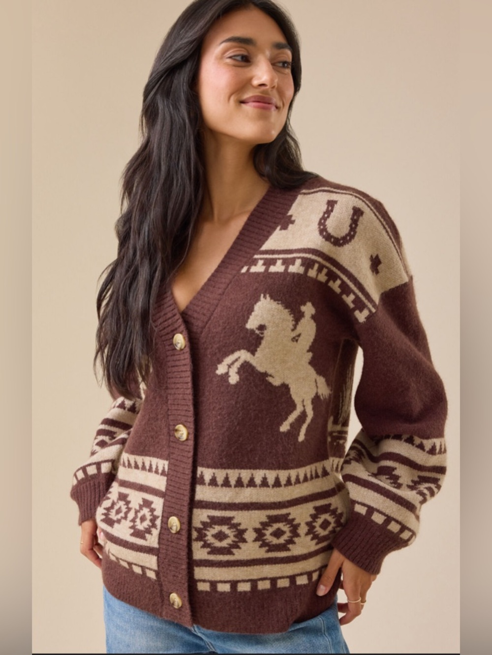 Women’s Brown Western Button-Front Cardigan Sweater Altar’d State